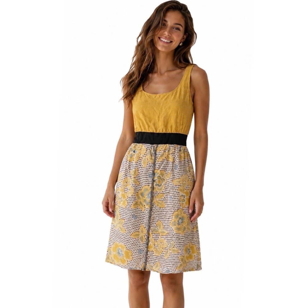 Edme & Esyllte Anthropologie Floral Bloom Silk Blend Dress Sz 4 Golden Yellow